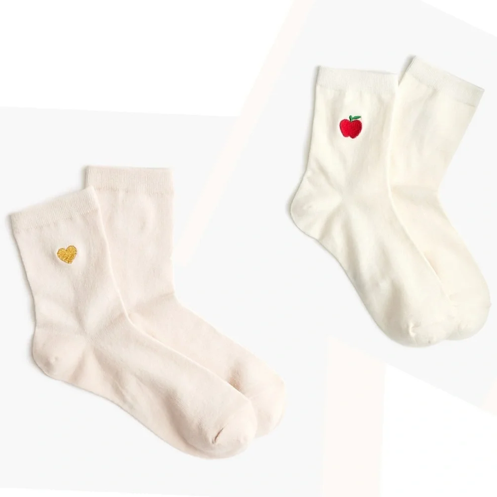 J. Crew Cream Boot Socks with Apple and Heart Embroidery 2 Pack